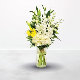 Birthday, Housewarming, Graduation, Thank You, Get Well, Miss You, Congratulations, Best Wishes, Mother's Day, Teacher's Day, Father's Day, yellow, white, vase, for him, for her, unisex, male, female, flowers for you, Lilies, Tulip, Orchid, hyacinth, lily