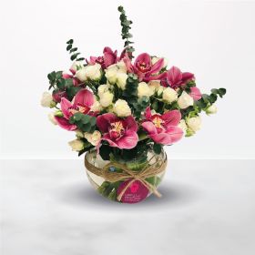 Look At Me, pink, white, rose, cymbidium, orchid, vase, for her, female, mother, Anniversary, Best Wishes, Birthday, Congratulations, Engagement, Get Well, Miss You, Mother's Day, New Baby, Teacher's Day, Thank You, pink-october, breast-cancer, breast-can