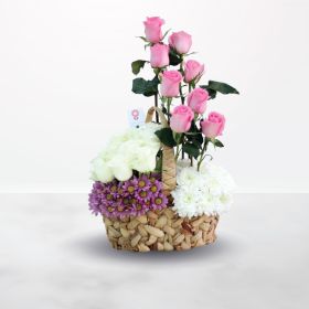 Gentle Basket, pink, white, purple, rose, roses, basket, for her, female, chrysanthemum, birthday, anniversary, engagement, get well soon, miss you, mother's day, new born, congratulations, thank you, love, mother, saudi, ksa, riyadh, jeddah, delivery, on