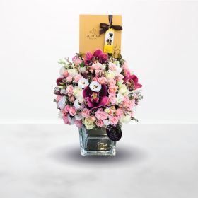 Sweet Sophistication, pink, white, purple, eustoma, rose, cymbidium, vase, for her, female, mom, mother, Birthday, Congratulations, Graduation, Mother's Day, New Baby, Teacher's Day, chocolate, godiva, combo, bundle, gift, saudi, ksa, delivery, online, sa