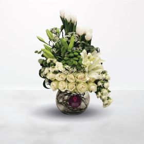 Smiling Surprise, vase, Green, White, Chrysanthemum, Lilies, Rose, Tulip, lily, for him, for her, unisex, male, female, Best Wishes, Birthday, Congratulation, Eid Al-Adha, Eid Al-Fitr, Engagement, Father Day, Get Well, Housewarming, Mother Day, New Baby, 