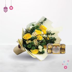 Bright Wishes, white, green, yellow, hand-bouquet, hand, chocolate, gift, bundle, ferrero-rocher, Mothers-Day, Fathers-Day, Teachers-Day, Thank-You, Congratulations, Graduation, Birthday, Get-Well, mother, teacher, ferrero, rocher, congrat, eid, adha, eid