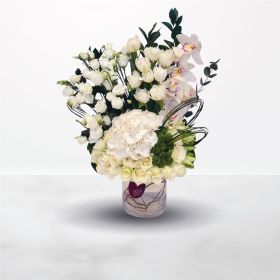Anniversary, Housewarming, New Baby, Get Well, Miss You, Wedding, Eid Al-Adha, Ramadan, Mother's Day, Father's Day, white, vase, for him, for her, unisex, male, female, Warmth of Emotion, tulips, hydrangea, eustoma, rose, lilies, cymbidium, lily, saudi, k
