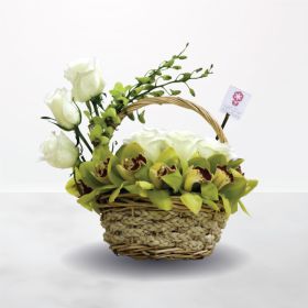 Midnight Garden, white, green, cymbidium, rose, roses, orchid, orchids, basket, for him, for her, unisex, male, female, get well soon, Get well soon, Thank you, Miss you, Father day, Mother day, Housewarming, delivery, online, ksa, saudi, sameday, same-da