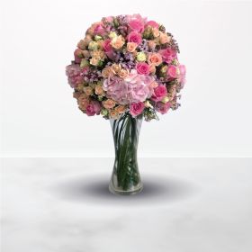 Dreaming Pink, Birthday, Anniversary, Housewarming, New Baby, Graduation, Thank You, Get Well, Miss You, Wedding, Congratulation, Best Wishes, Engagement, Mother's Day, pink, vase, for her, female, rose, hydrangea, mother, pink-october, breast-cancer, bre