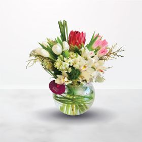 Excitement, pink white, flowers-for-her, protea, tulips, tulip, cymbidium, Alstroemeria, glass-vase, floral-arrangement, Anniversary, Best Wishes, Birthday, Congratulations, Engagement, Graduation, Housewarming, Miss-You, Mother's-Day, Thank-You, mother, 