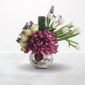 Purity, Birthday, Anniversary, Housewarming, Thank You, Get Well, Miss You, Wedding, Congratulations, Engagement, Love Collection, Mother's Day, Father's Day, white, purple, Tulip, Cymbidium, Rose, for him, for her, unisex, female, male, vase, mother, eid