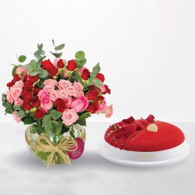 Red Passion Combo, vase, cake, red velvet, bundle, combo, flower & cake, flowers & cakes, flower and cake, red, pink, rose, for him, for her, female, male, unisex, anniversary, love, miss you, valentine, birthday, saudi, ksa, delivery, online, sameday, sa