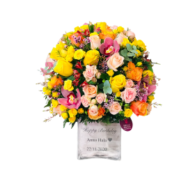 Best Wishes, Birthday, vase, for him, for her, female, male, unisex, rose, cymbidium, yellow, peach, orange, pink, roses, dwarf-roses, baby-roses, baby-rose, saudi, ksa, delivery, online, sameday, same-day, flowers, flora, flow, floral, florist, saudi-flo