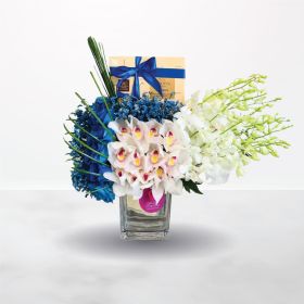 blue-flowers, blue, white, vase, riyadh, ksa, online, delivery, same-day, gifts-for-him, godiva, chocolate, chocolates, gift, bundle, combo, combo gifts, flowers-with-chocolate, flowers-with-gift, new-born, father, fathers-day, birthday, best-wishes, than