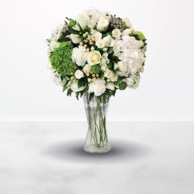 Graceful Green, Anniversary, Housewarming, New Baby, Thank You, Get Well, Wedding, Congratulations, Best Wishes, Engagement, Mother's Day, Father's Day, white, green, vase, for him, for her, male, female, unisex, carnation, rose, hydrangea, mother, eid, a