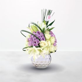 purple, white, vase, Best Wishes, Birthday, Congratulation, Engagement, Father Day, Get Well, Housewarming, Miss You, Mother Day, Teacher Day, Thank You, for her, for him ,unisex, female, male, Lilies, Rose, lily, lavender, mother, saudi, ksa, delivery, o