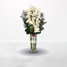 Pure Love, white, violet, purple, rose, roses, cymbidium, vase, for her, female, mother, Best Wishes, Birthday, Congratulations, Engagement, Father's Day, Get Well, Graduation, Housewarming, Miss You, Mother's Day, Thank You, Japanese, saudi, ksa, deliver