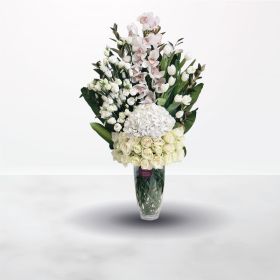 White World Sensation, Housewarming, New Baby, Graduation, Get Well, Wedding, Congratulations, Best Wishes, Engagement, Eid, Adha, Mother's Day, Father's Day, vase, for him, for her, male, female, unisex, white, rose, cymbidium, tulip, hydrangea, eustoma,